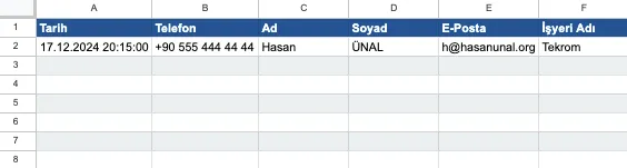 Google Sheet tablo örneği